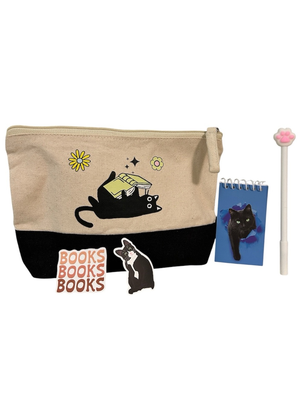 Canvas Cat Pouch with Reading Cat-Cat Gift Set Bundle- notebook-Pen-Stickers-NEW